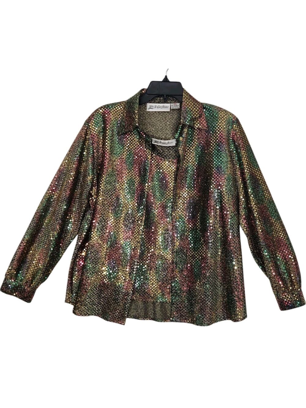 VTG YVES ST. CLAIR WOMENS SZ 8P SHIRT SET SEQUIN SPARKLY BLING RAINBOW PRIDE